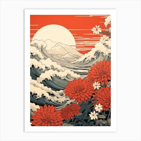Great Wave With Dahlberg Daisy Flower Drawing In The Style Of Ukiyo E 4 Art Print