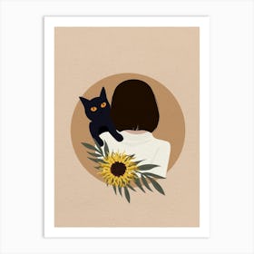 Minimal art illustration Black Cat And Sunflower Art Print
