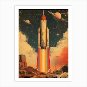 Space Odyssey: Retro Poster featuring Asteroids, Rockets, and Astronauts: Space Shuttle Launch 3 Art Print