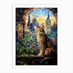 Mosaic Of A Cat In A Garden Blue & Green Art Print