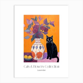 Cats & Flowers Collection Lavender Flower Vase And A Cat, A Painting In The Style Of Matisse 2 Art Print