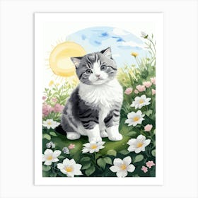 Cute Kitten And Flowers Watercolor 4 Art Print