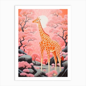Giraffe In The Nature With Trees Pink 5 Art Print