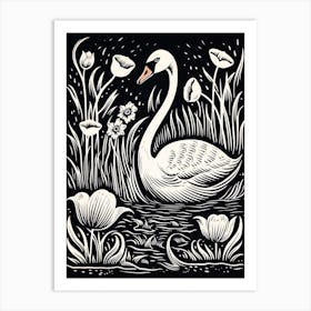 B&W Bird Linocut Swan 5 Art Print