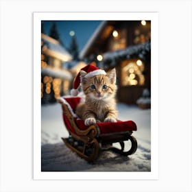 Santa Kitten In Sleigh Art Print