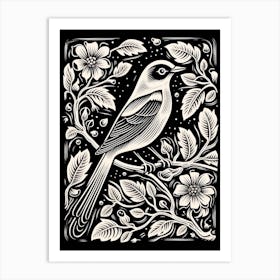 B&W Bird Linocut Cedar Waxwing 3 Art Print