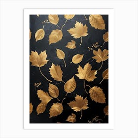 Gold Leaves On Black Background 1 Art Print