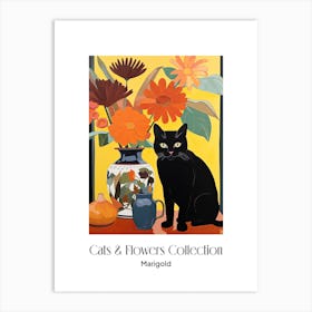 Cats & Flowers Collection Marigold Flower Vase And A Cat, A Painting In The Style Of Matisse 0 Art Print