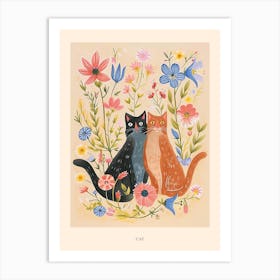Folksy Floral Animal Drawing Cat 5 Poster Art Print