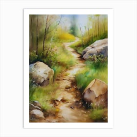 Path In The Woods.Canada's forests. Dirt path. Spring flowers. Forest trees. Artwork. Oil on canvas.20 Art Print