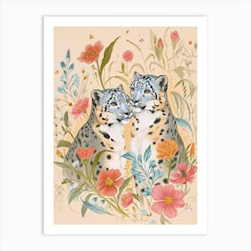 Folksy Floral Animal Drawing Snow Leopard 3 Art Print