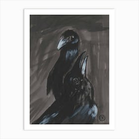 Two Crows - ink vertical gray black hand painted birds Art Print
