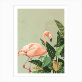 Lesser Flamingo And Philodendrons Minimalist Illustration 4 Art Print