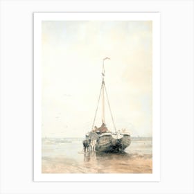 Vintage Painting Boat On The Beach 1 Art Print