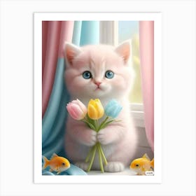 Cute Kitten With Flowers Art Print