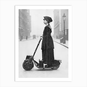 Woman On A Scooter Vintage Black and White Photo Art Print