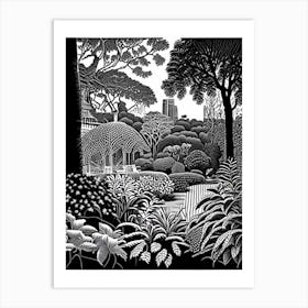 Brooklyn Botanic Garden, Usa Linocut Black And White Vintage Art Print