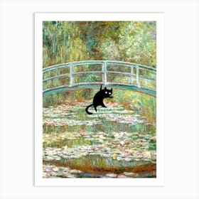 Monet Water Lily Pond With A Black Cat Funny Animals Art Print