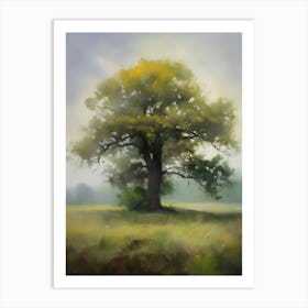 Oak tree, fine work of art, misty atmosphere, green meadow..20 Art Print