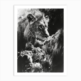 African Lion Charcoal Drawing Interaction With Other Wildlife 4 Art Print