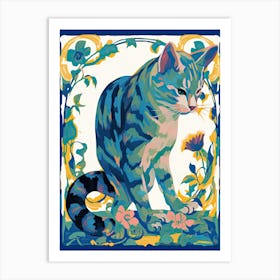 Blue Cat Botanical Art Nouveau Style Art Print