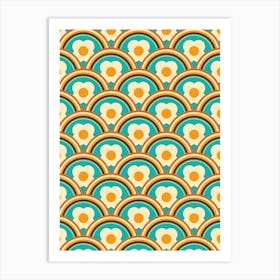 Retro Waves and Flowers, Teal and Orange Art Print