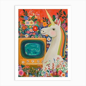 Unicorn Watching Tv Floral Fauvism Painting 4 Art Print