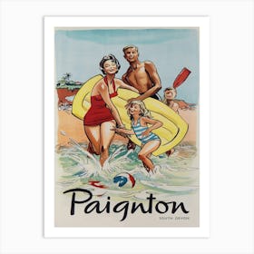Paignton England, Family at Beach, Vintage Travel Poster Art Print