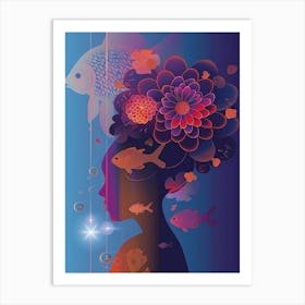 Woman With Fishes And Flowers Art Print