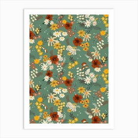 Boho Scattered Mixed Flower Bouquets on Sage Green Art Print