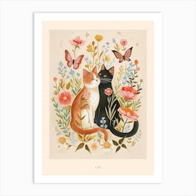Folksy Floral Animal Drawing Cat 7 Poster Art Print