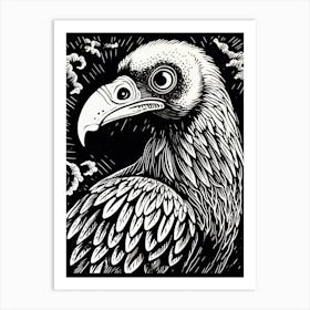 B&W Bird Linocut Vulture 1 Art Print