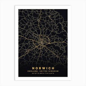 Norwich England Black And Gold Map Art Print