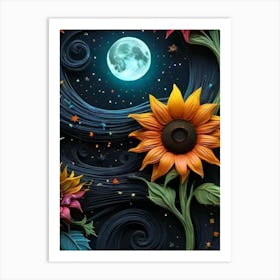 Sunflowers And Moon Art Print