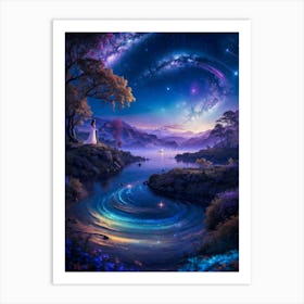 A fantasyy neon landscape of an alien world. The Milky Way and planets shine bright in the cosmos. Nature and sea meet in this galaxy. Art Print