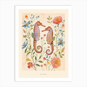 Folksy Floral Animal Drawing Seahorse Poster Art Print