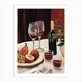 Atutumn Dinner Table With Cheese, Wine And Pears, Illustration 6 Art Print