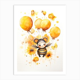 Bee Flying With Autumn Fall Pumpkins And Balloons Watercolour Nursery 2 Art Print