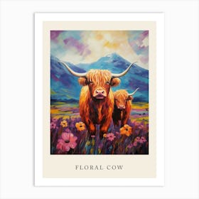 Colourful Floral Highland Cows Impressionism Style Art Print