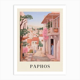 Paphos Cyprus 3 Vintage Pink Travel Illustration Poster Art Print