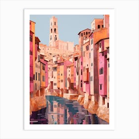 Girona Spain 3 Vintage Pink Travel Illustration Art Print