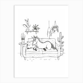 A Unicorn Black & White Doodle Relaxing On The Sofa 3 Art Print