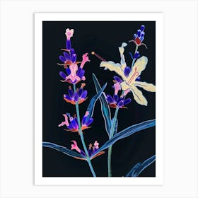 Neon Flowers On Black Lavender 2 Art Print