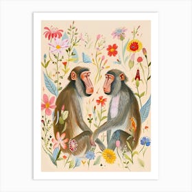 Folksy Floral Animal Drawing Baboon Art Print