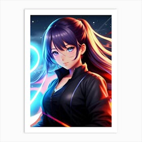 Anime Girl With Blue Lights Art Print