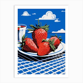 Strawberries Blue Checkerboard 1 Art Print