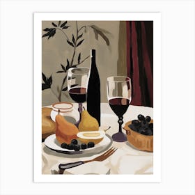 Atutumn Dinner Table With Cheese, Wine And Pears, Illustration 11 Art Print
