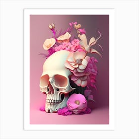 Skull With Surrealistic 2 Elements Pink Vintage Floral Art Print