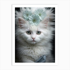 White Cat With Flowers 1 Art Print