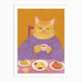 Happy Orange Cat Having Breakfast Folk Illustration 2 Art Print